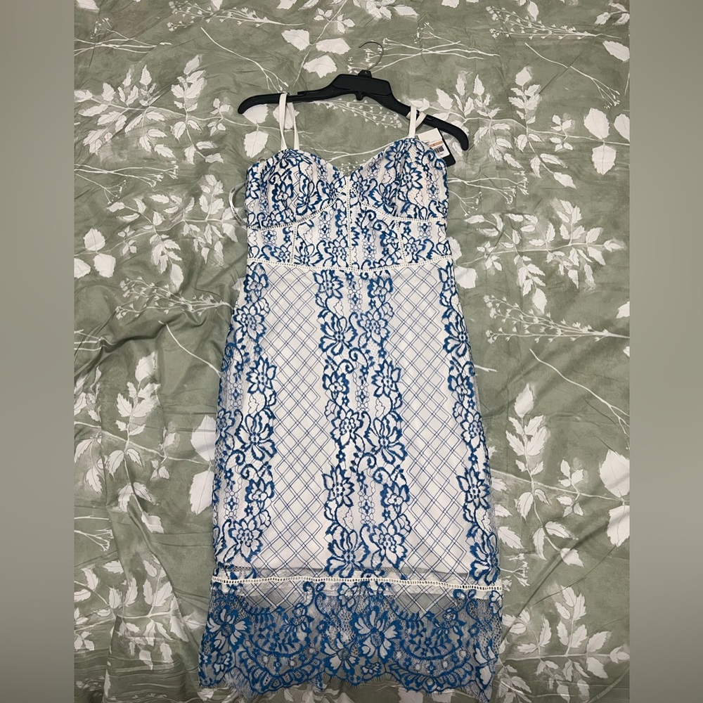 Guess Blue & White Lace Overlay Sheath Dress